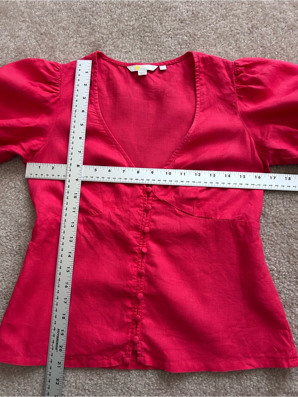 Boden Red V-Neck Linen Puff Sleeve Top - Picture 7 of 9